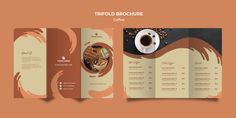 a coffee shop trifold brochure is shown with an image of a cup of coffee