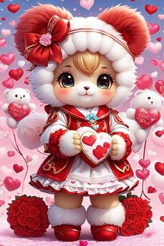 a painting of a teddy bear holding a heart in her hands and surrounded by hearts