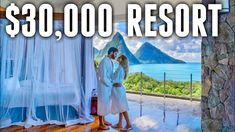 a man and woman standing in front of a bed with the words $ 30, 000 resort