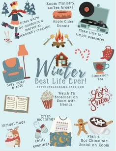 the winter best life ever poster is shown in blue and white with red lettering on it