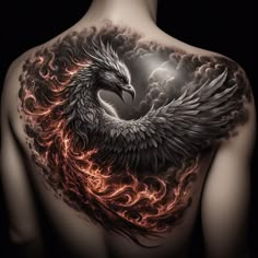 the back of a man with a tattoo on his shoulder and an eagle in flames