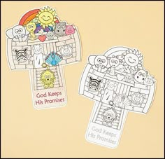 two stickers depicting noah's ark and god keeps his promises on them