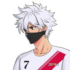 an anime character with white hair wearing a black face mask and red ribbon around his neck