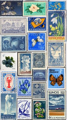 many different postage stamps are arranged together