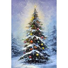 a painting of a christmas tree in the snow