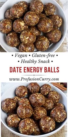 a bowl filled with energy balls next to another bowl full of energy balls and the words vegan gluen - free healthy snack date energy balls