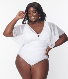 Unique Vintage Plus Size White Mesh Sleeved Torrey Swimsuit - Unique Vintage - Womens, SWIM, 1 PC Plus Size Swimsuit, Pool Fun, Bathing Beauty, Plus Size White, Vintage Plus Size, Plus Size One Piece, No Strings Attached, Plus Size Swimsuits, Mesh Sleeves