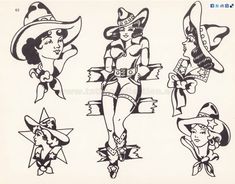 an old fashion drawing of women in cowboy hats