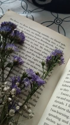 an open book with purple flowers on it