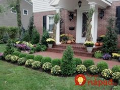 a house with lots of bushes and flowers in front