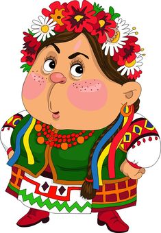 a cartoon character with flowers in her hair and an expression on her face, wearing a colorful dress