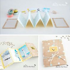 three different views of the inside of a small album with ribbon and paper attached to it