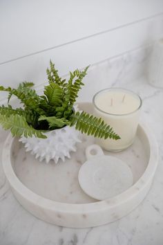 a candle and some green plants on a white tray next to a glass vase with a fern in it