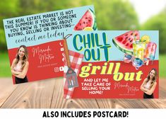 two postcards with the words chill out grill out and watermelon