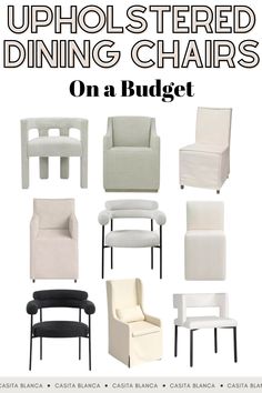 upholstered dining chairs on a budget with text overlay that reads, upholstered dining chairs on a budget