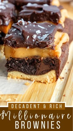 chocolate and peanut butter brownies are stacked on top of each other with text overlay