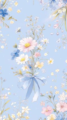 a blue floral wallpaper with white, pink and blue flowers on the left side