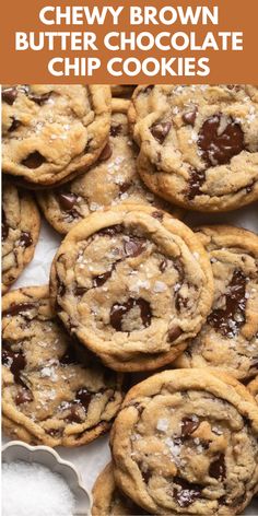 chewy brown butter chocolate chip cookies with text overlay