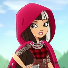 a cartoon character wearing a red and black outfit with a pink hoodie over her head