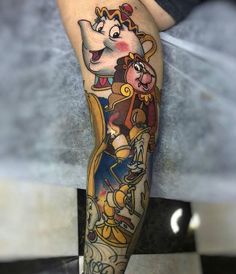 the leg is decorated with cartoon characters on it