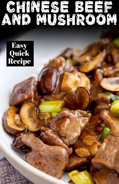 chinese beef and mushroom stir fry in a white bowl