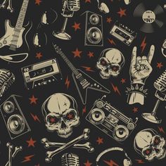 a black background with skulls, guitars, and other musical instruments on it's surface