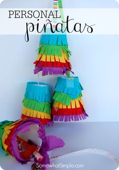 colorful paper pinatas are arranged on a white background with text overlay that reads, personal pinatas