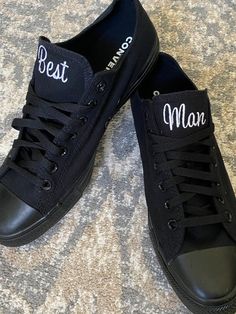 Make your day extra special with these beautiful Embroidered Monochrome Converse with Best Man on the tongue. They can be customized with Groom or ring bearer or even groomsman.(If you want date on the side please choose that listing as price is different )Or your first and last name. Or Mr Smith ie. You can choose either all black or all white, they have NO lines around the sole as other converse do.I can do the traditional converse color shoes as well You choose you thread color... just state Embroidered Black Lace-up Sneakers, Black Embroidered Low-top Sneakers, Black Embroidered Lace-up Sneakers, All White Converse, Mr Smith, All White Sneakers, Black Chucks, Embroidered Converse, Tennis Shoes Outfit