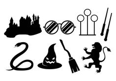 the silhouettes of halloween items are shown in black and white, including a hat, broom