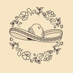 a drawing of a hat in a circle with flowers and leaves around it on a beige background