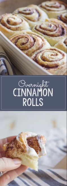 cinnamon rolls with icing in a baking pan on a striped tablecloth and the title overlay reads, overnight cinnamon rolls