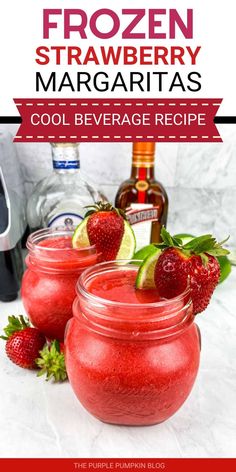 frozen strawberry margaritas in mason jars with strawberries on the rim and lime garnish