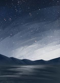 the night sky is full of stars and some water with mountains in the foreground