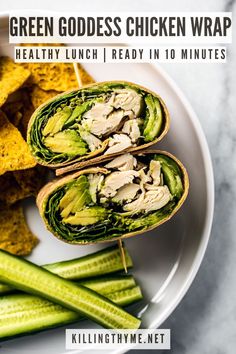 green goddess chicken wrap on a plate with celery and tortilla chips