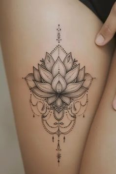 a woman's thigh with a flower tattoo on the side of her leg and an intricate design