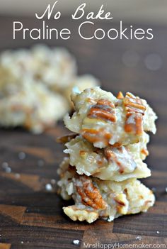 no bake pralie cookies stacked on top of each other