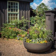 a planter filled with lots of flowers next to a building