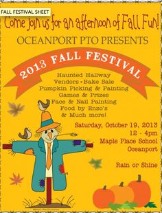 the poster for oceanport pio presents 2013 fall festival, featuring pumpkins and scarecrows