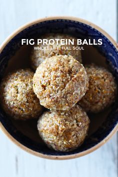 a bowl full of protein balls with the words fig protein balls written in white letters