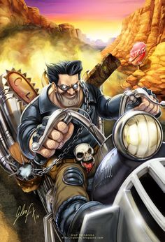 a man riding on the back of a motorcycle with a skull in it's hand