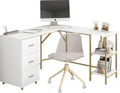 a computer desk with a white chair next to it