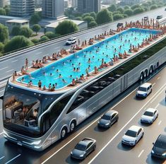 an artist's rendering of a swimming pool on top of a bus in the middle of traffic