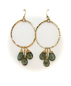 Mossy Green Aquamarine Chandelier Hoop Earrings | Avery Blake Jewelry Handmade Artisan Gold Hoop Earrings, Green Artisan Gemstone Earrings, Handmade Gold Aquamarine Earrings, Handmade Elegant Aquamarine Earrings, Green Wire-wrapped Hoop Earrings, Green Aquamarine, Mossy Green, Aquamarine Gemstone, Wire Earrings