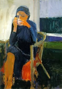 an oil painting of a woman sitting in a chair drinking from a cup and looking at her cell phone