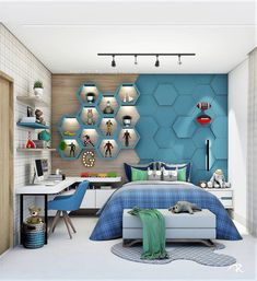 a bedroom decorated in blue and white with hexagonal shelves