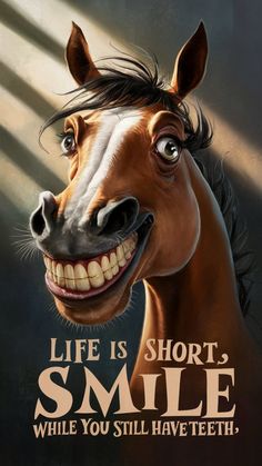 a horse with its mouth open and the words life is short, smile while you still have teeth