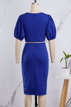 Royal Blue Casual Solid Patchwork V Neck Wrapped Skirt Dresses Blue Solid Color Mini Dresses, Blue Pencil Skirt Party Dress, Royal Blue Knee-length Midi Dress, Non-stretch Blue Dresses For Work, Blue Midi Dress Solid Color, Blue Solid Color Dresses For Work, Blue Fitted Belted Dress, Blue Belted Fitted Dress, Belted Blue Skirt For Summer