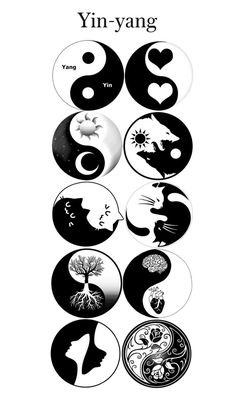 the yin symbol is shown in black and white, with different symbols on each side