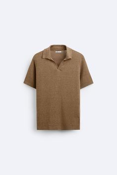 LINEN - VISCOSE KNIT POLO SHIRT - taupe brown | ZARA United States Classic V-neck Top With Ribbed Collar, Textured Knit Collared Polo Shirt, Casual V-neck Polo Shirt With Ribbed Collar, Spring Collared Fine Knit Polo Sweater, Spring Fine Knit Collared Polo Sweater, Casual V-neck Polo Sweater For Summer, Summer V-neck Tops With Ribbed Collar, Collared Textured Knit Polo Sweater, Knit Short Sleeve T-shirt For Work