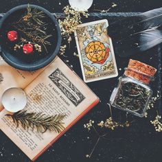 an open book sitting on top of a table next to a candle and some plants